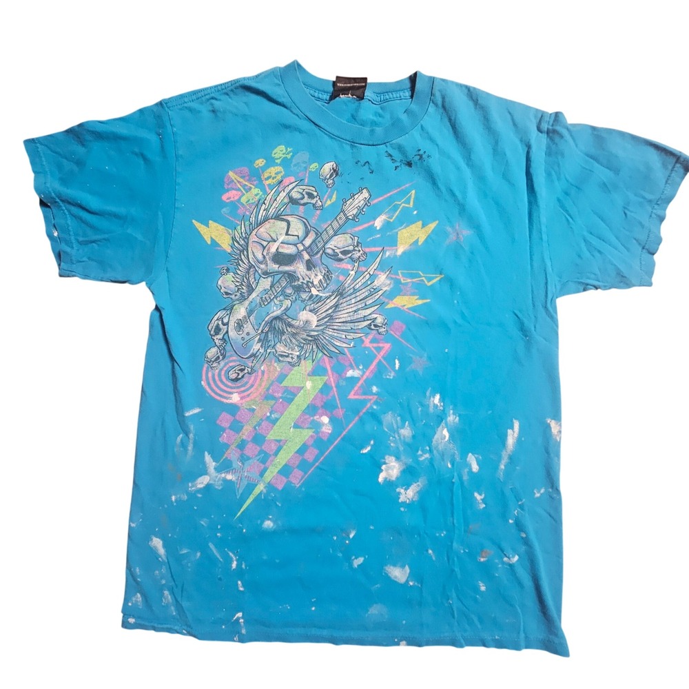 Hybrid Tees Skull Guitar Graphic Paint Splatter T-Shirt  M Goth Y2K Thrashed